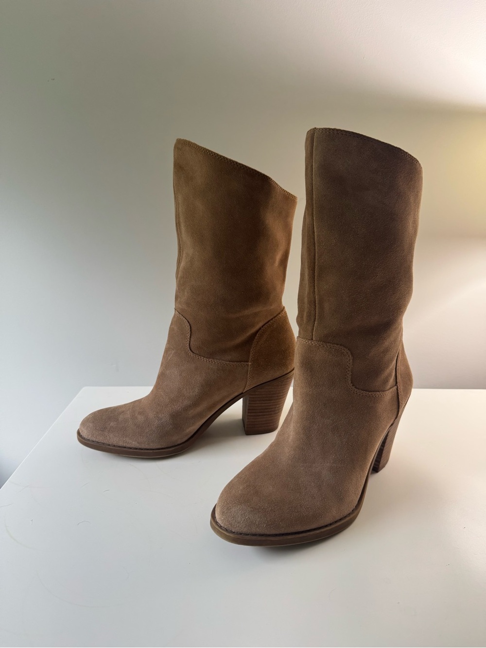 Lucky Brand Taupe Suede Mid-Calf Block Heel Boots